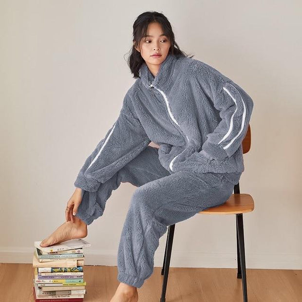 Soft Fleece Pyjama Set - Zip Up Fleece Top PJ Set - MomyMall BLUE / S