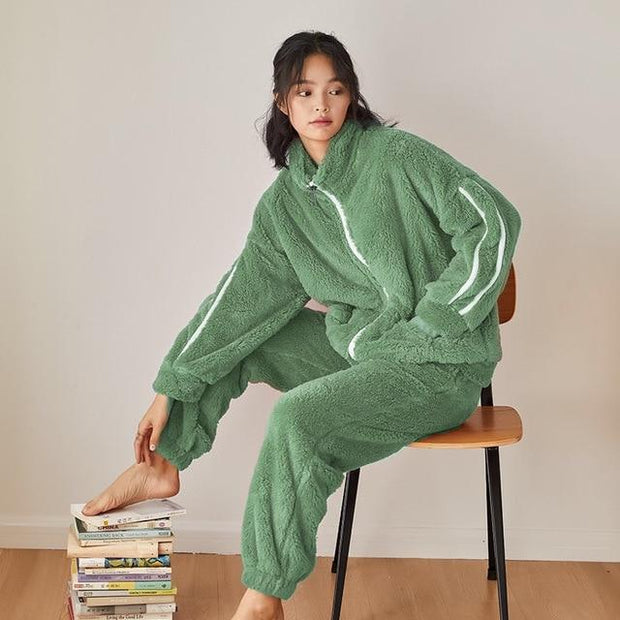 Soft Fleece Pyjama Set - Zip Up Fleece Top PJ Set - MomyMall GREEN / S