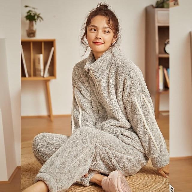 Soft Fleece Pyjama Set - Zip Up Fleece Top PJ Set - MomyMall GREY / S