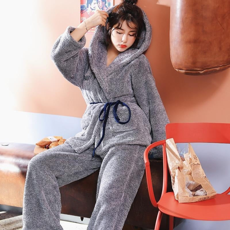 Soft Trouser Pyjama Set With Hooded Top - MomyMall GREY / S