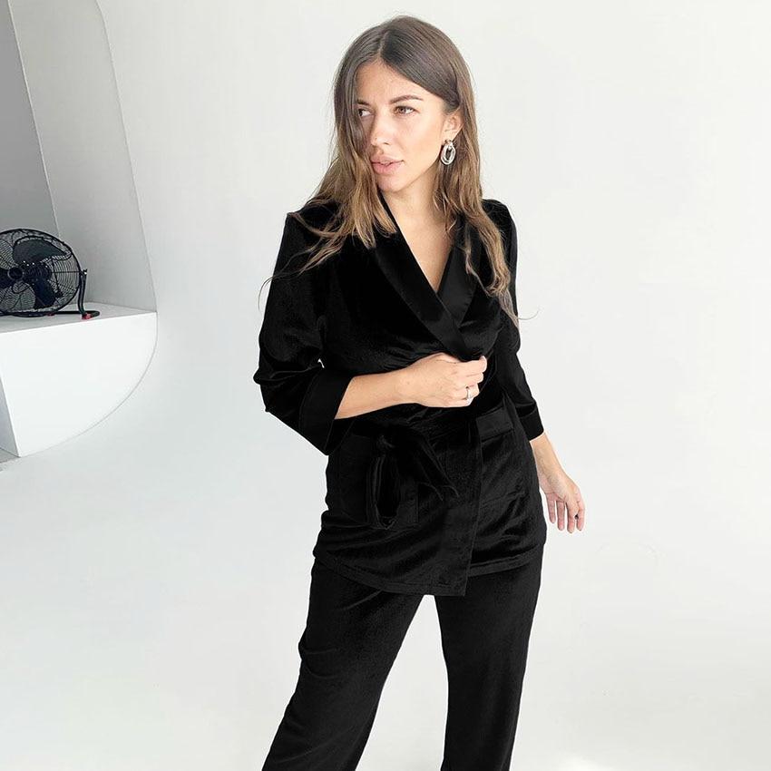 Velvet Pyjama Set - Three Quarter Sleeve Top and Belt