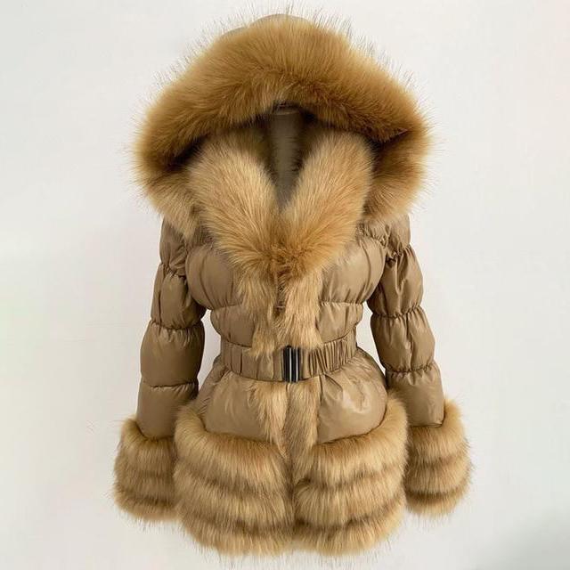 Faux Fur Trim Down Winter Down Coat With Hood and Belt