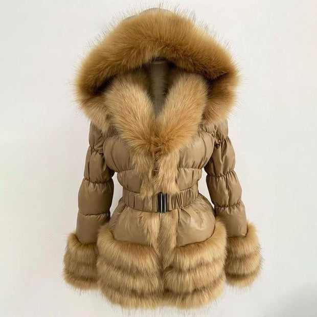 Faux Fur Trim Down Winter Down Coat With Hood and Belt