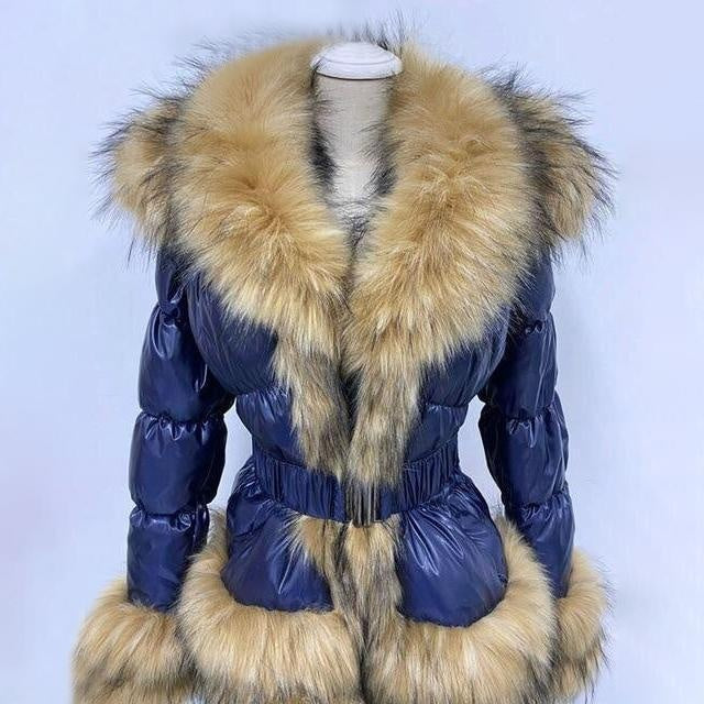 Faux Fur Trim Down Winter Down Coat With Hood and Belt