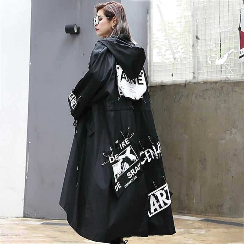 Oversized Graphic Print Streetwear Coat - Hooded Maxi Hip Hop Trench Coat