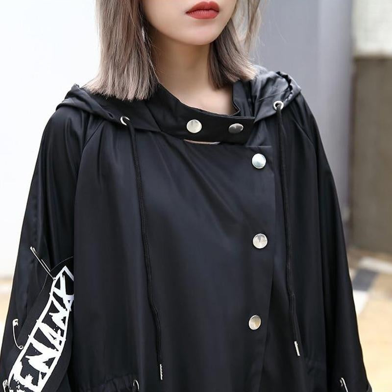 Oversized Graphic Print Streetwear Coat - Hooded Maxi Hip Hop Trench Coat