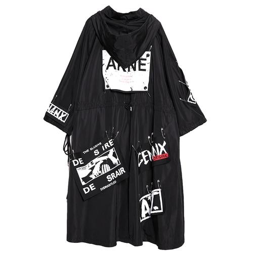 Oversized Graphic Print Streetwear Coat - Hooded Maxi Hip Hop Trench Coat