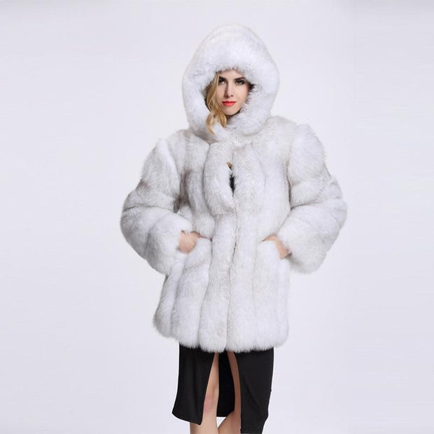 Luxury Panelled Faux Fur Coat Coat With Hood Plus Size