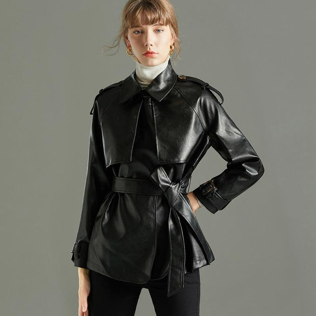 Turn-down Collar Faux Leather Jacket With Belt