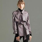 Turn-down Collar Faux Leather Jacket With Belt