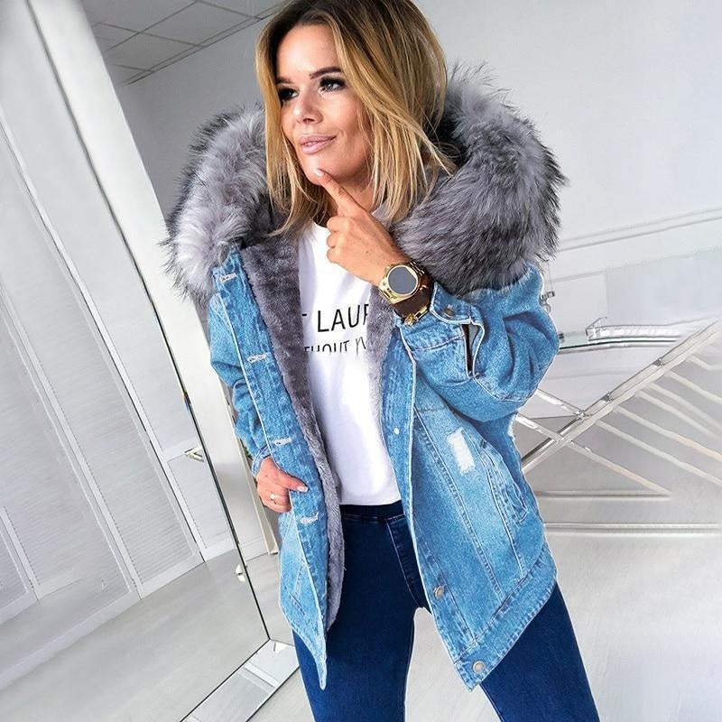 Mid-Thigh Denim Jacket With Faux Fur Hood