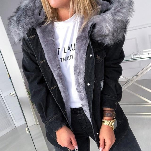 Mid-Thigh Denim Jacket With Faux Fur Hood