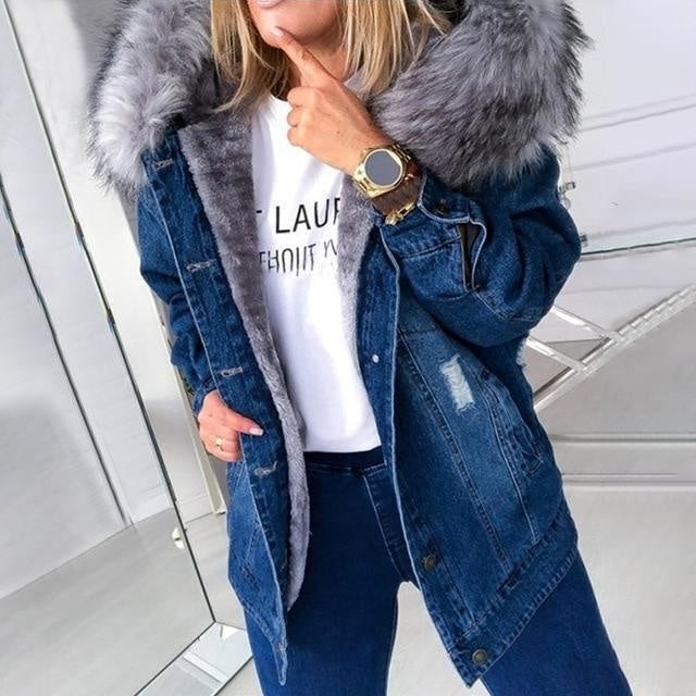 Mid-Thigh Denim Jacket With Faux Fur Hood