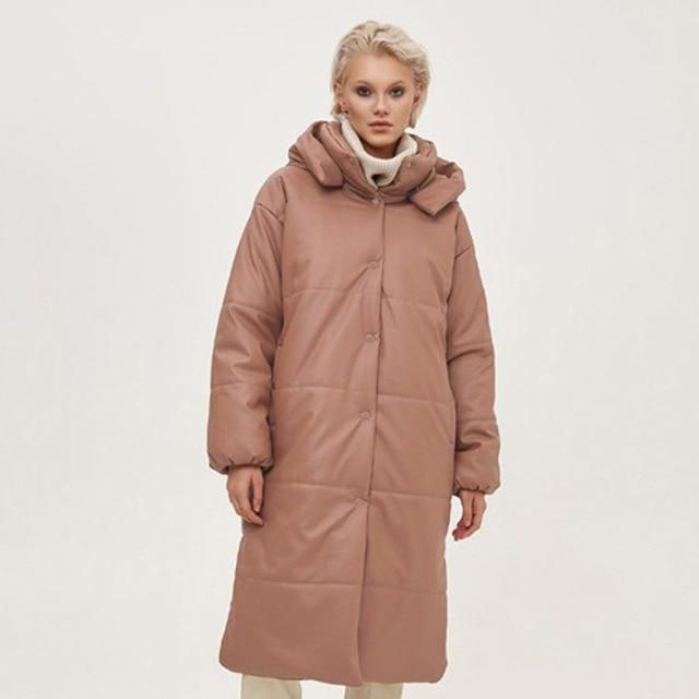 Faux Leather Long Windproof Parka