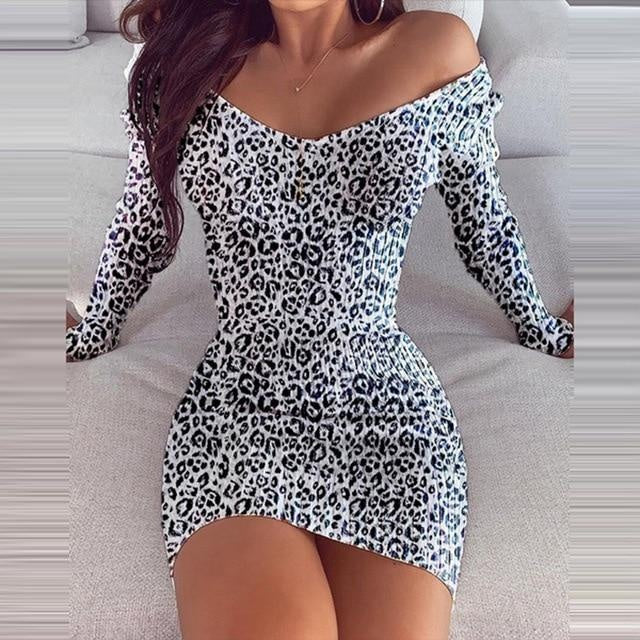 V-Neck Leopard Print Long Sleeve Mini Dress - MomyMall BLACK / S