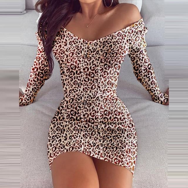 V-Neck Leopard Print Long Sleeve Mini Dress - MomyMall BROWN / S