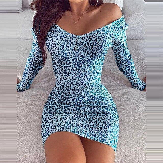 V-Neck Leopard Print Long Sleeve Mini Dress - MomyMall BLUE / S