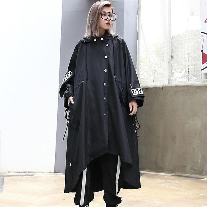 Oversized Graphic Print Streetwear Coat - Hooded Maxi Hip Hop Trench Coat