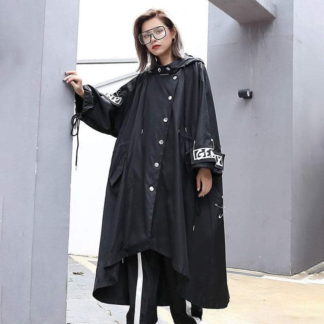 Oversized Graphic Print Streetwear Coat - Hooded Maxi Hip Hop Trench Coat