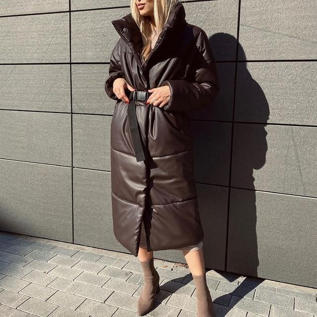 Long Faux Leather Puffer Coat - L:ongline Faux Leather Puffer Coat