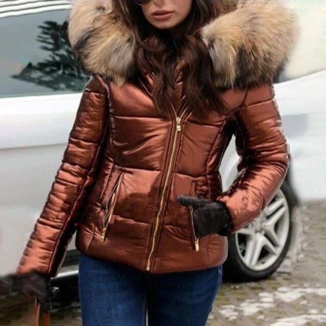 High Shine Parka Puffer Coat with Faux Fur Hood