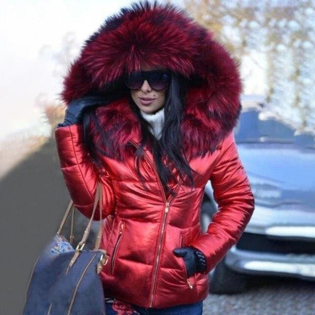 High Shine Parka Puffer Coat with Faux Fur Hood