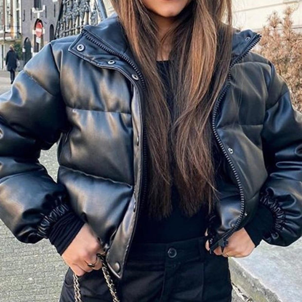 Faux Leather Short Puffer Coat