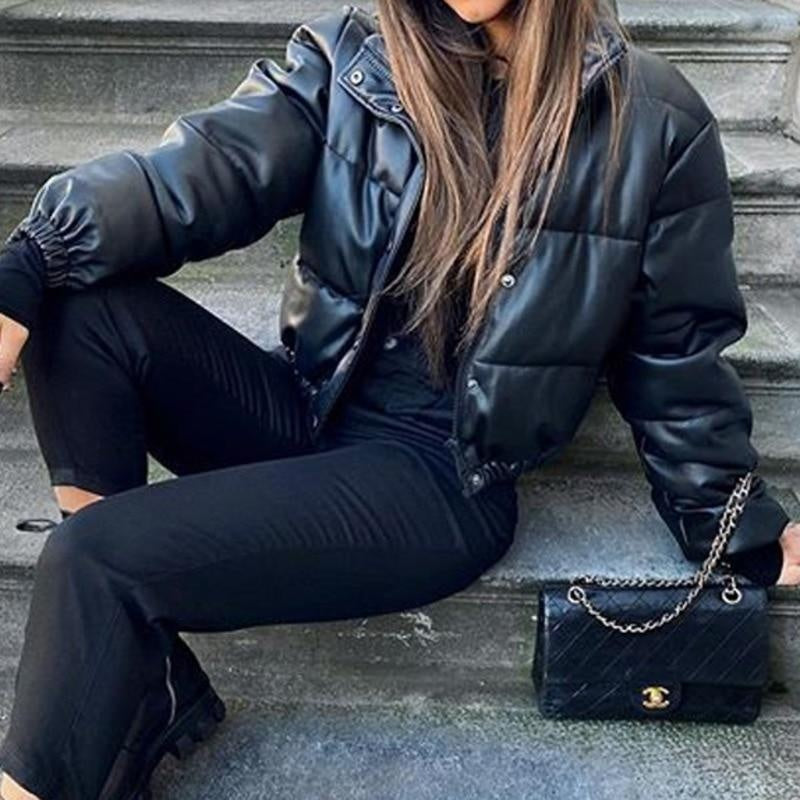 Faux Leather Short Puffer Coat