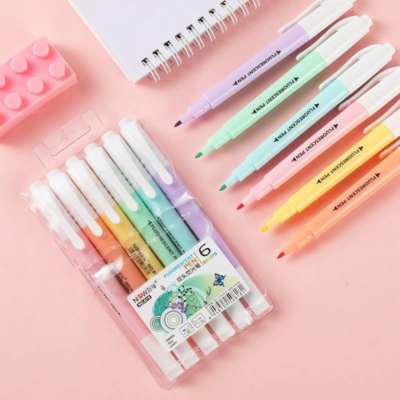 Double Head Fluorescent Highlighter Pen Markers Pastel Drawing Pen for Student School Office Supplies Cute Stationery - MomyMall