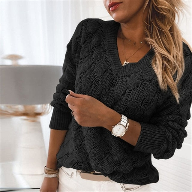 Women V Neck Solid Knitted Casual Sweater - MomyMall L / black