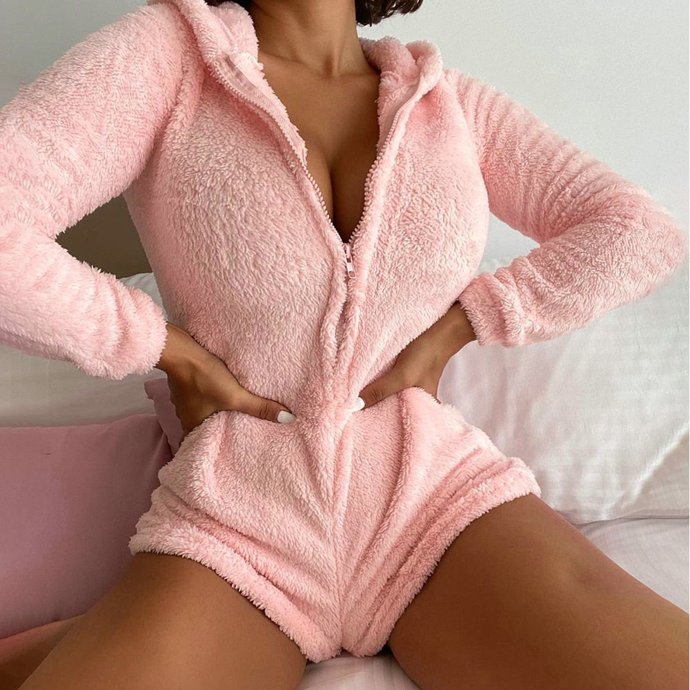 Long Sleeve Zipper Solid Color Pink Ladies Bodysuit Hoodie Sexy Hooded Romper - MomyMall