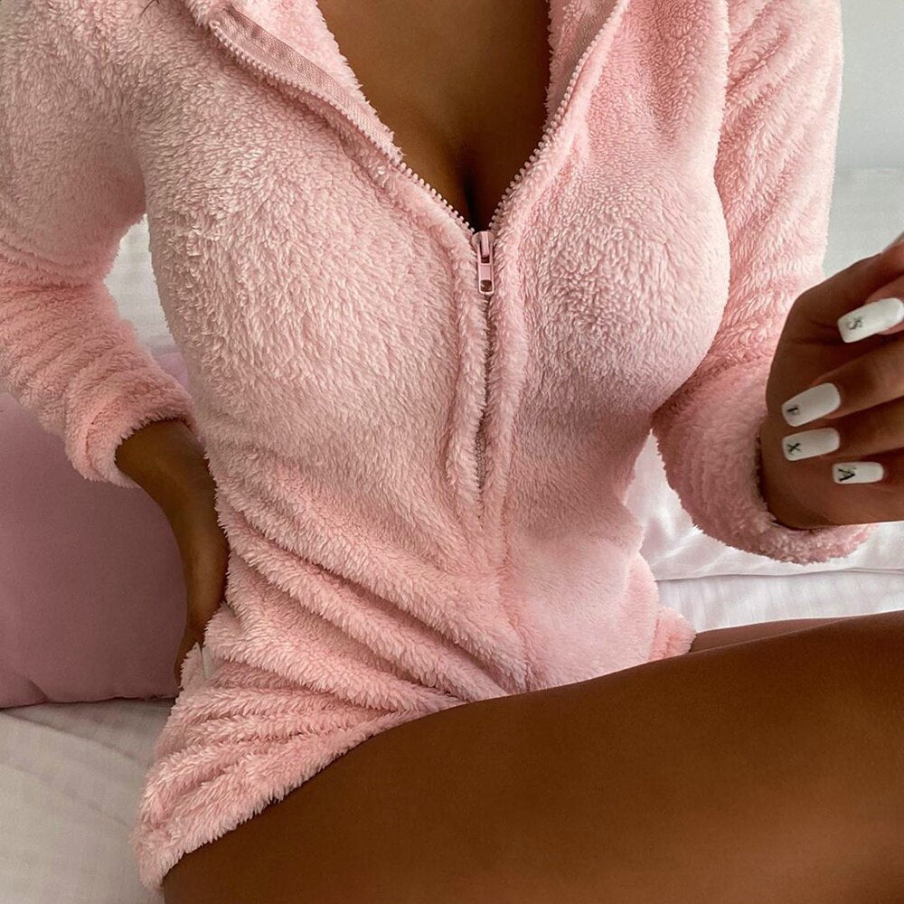 Long Sleeve Zipper Solid Color Pink Ladies Bodysuit Hoodie Sexy Hooded Romper - MomyMall