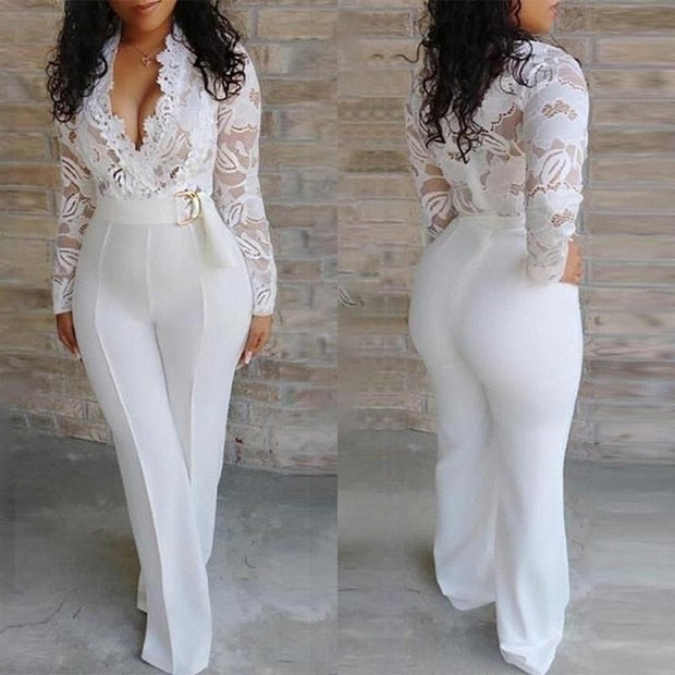Long Sleeve V-neck Plus Size Wide Office Lady Jumpsuits - MomyMall white / L
