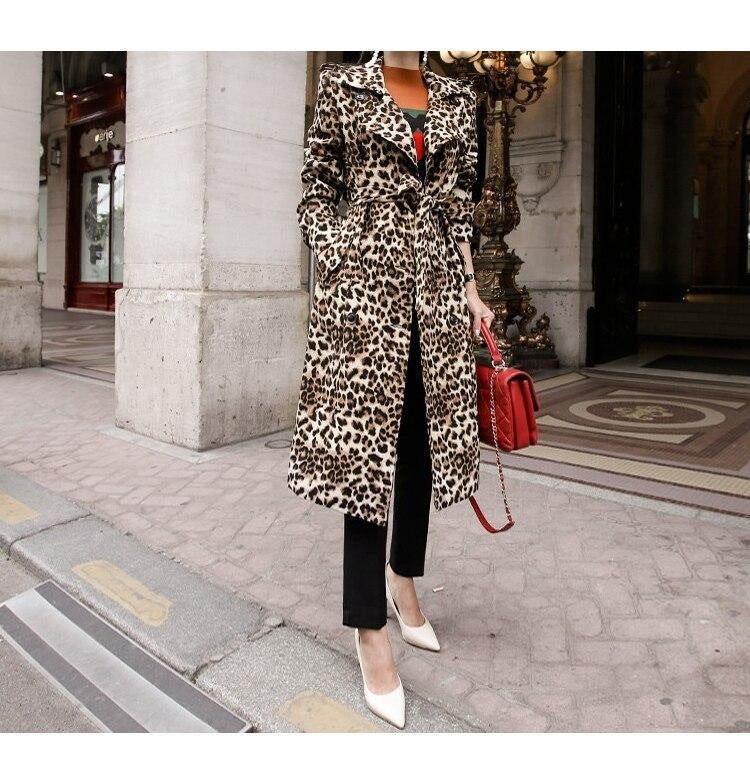 Leopard Print Trench Coat With Belt - MomyMall