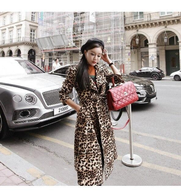 Leopard Print Trench Coat With Belt - MomyMall