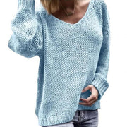 Loose Solid Color Knitted Sweater V Neck Long Sleeve Sweater - MomyMall S / Light Blue