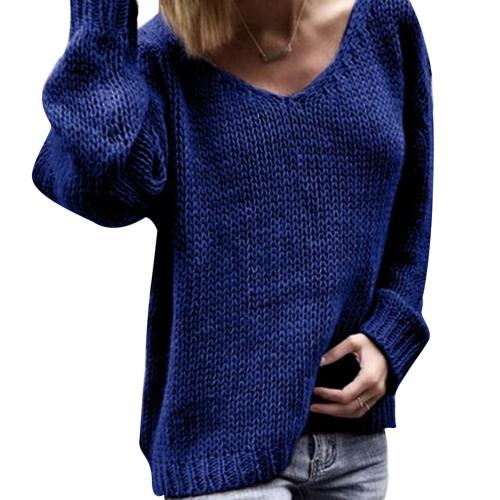 Loose Solid Color Knitted Sweater V Neck Long Sleeve Sweater - MomyMall S / Dark Blue