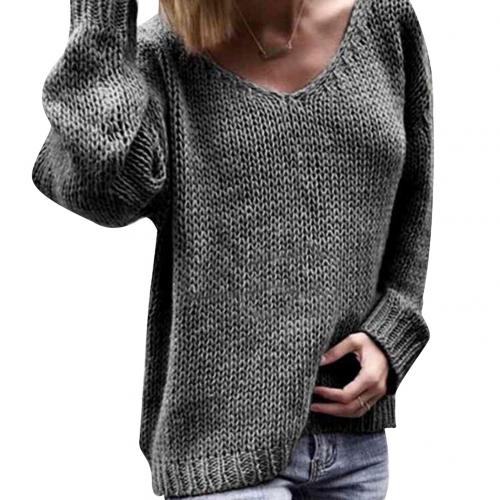 Loose Solid Color Knitted Sweater V Neck Long Sleeve Sweater - MomyMall S / Dark Gray