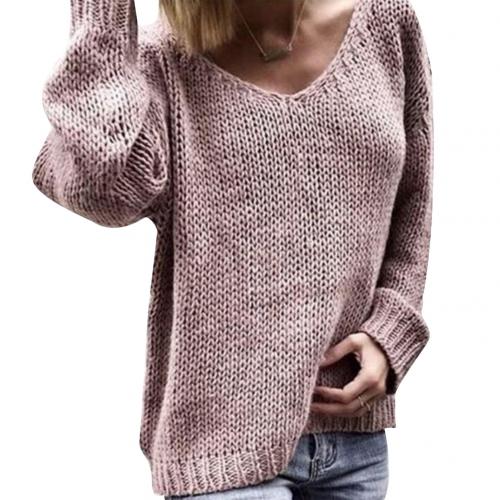 Loose Solid Color Knitted Sweater V Neck Long Sleeve Sweater - MomyMall S / Pink