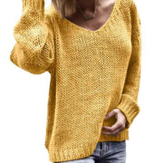 Loose Solid Color Knitted Sweater V Neck Long Sleeve Sweater - MomyMall S / Yellow
