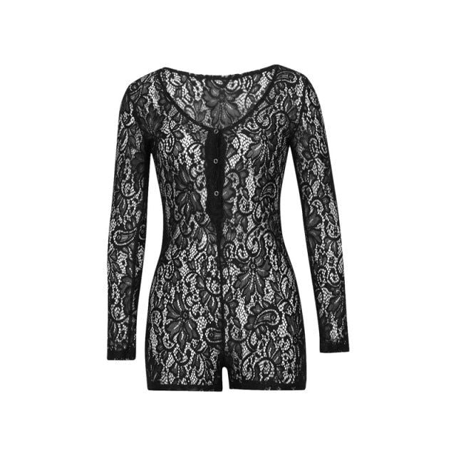Lace hollow Shorts Sleeve V Neck Bodysuit - MomyMall black / S