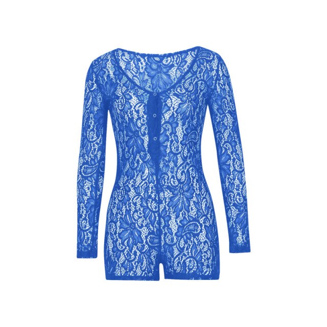 Lace hollow Shorts Sleeve V Neck Bodysuit - MomyMall Blue / XXL
