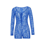 Lace hollow Shorts Sleeve V Neck Bodysuit - MomyMall Blue / XXL