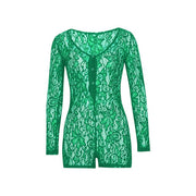 Lace hollow Shorts Sleeve V Neck Bodysuit - MomyMall green / L