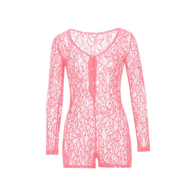 Lace hollow Shorts Sleeve V Neck Bodysuit - MomyMall Pink / XL