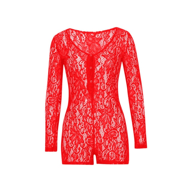 Lace hollow Shorts Sleeve V Neck Bodysuit - MomyMall Red / XXL