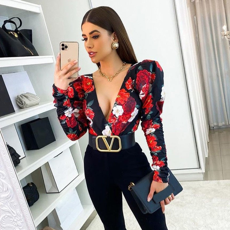 Elegant Boho Print Women Puff Sleeve Skinny Sexy V-neck Bodysuits - MomyMall