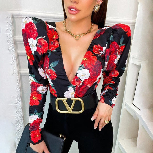 Elegant Boho Print Women Puff Sleeve Skinny Sexy V-neck Bodysuits - MomyMall Red / S