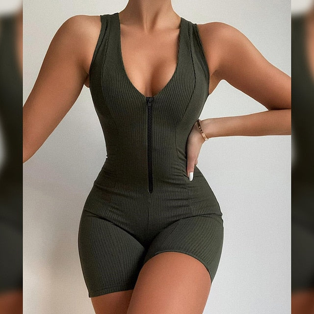 Streetwear Sleeveless Solid Knitted Fitness Sexy Jumpsuits - MomyMall Grenn / L