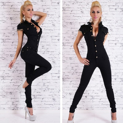 Long Womens Sexy Deep V Neck Jean Jumpsuit - MomyMall black / XL